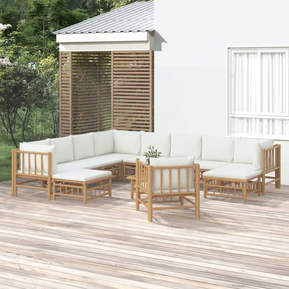 Set de muebles de jardín 12 piezas bambú y cojines blanco crema