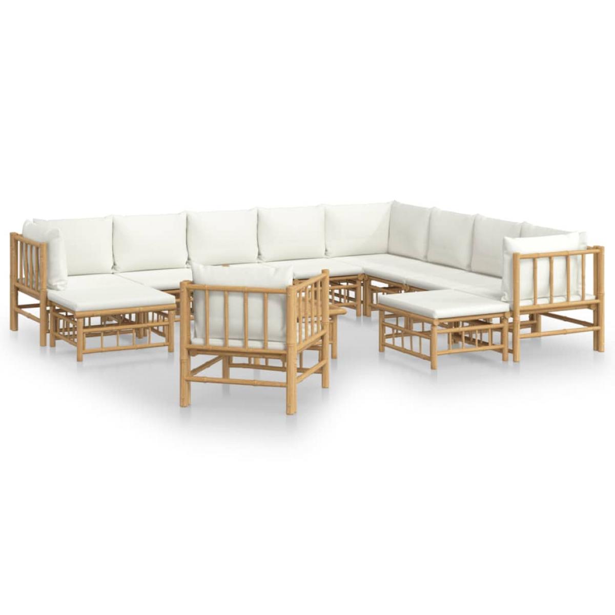 Set de muebles de jardín 12 piezas bambú y cojines blanco crema