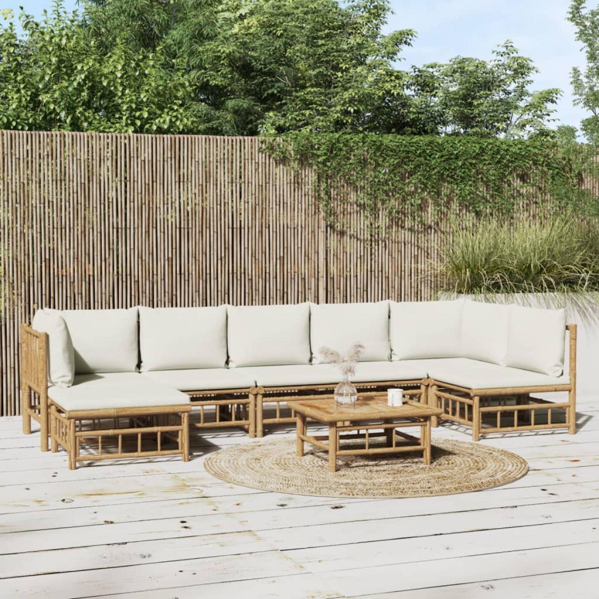 Set de muebles de jardín 8 piezas bambú y cojines blanco crema