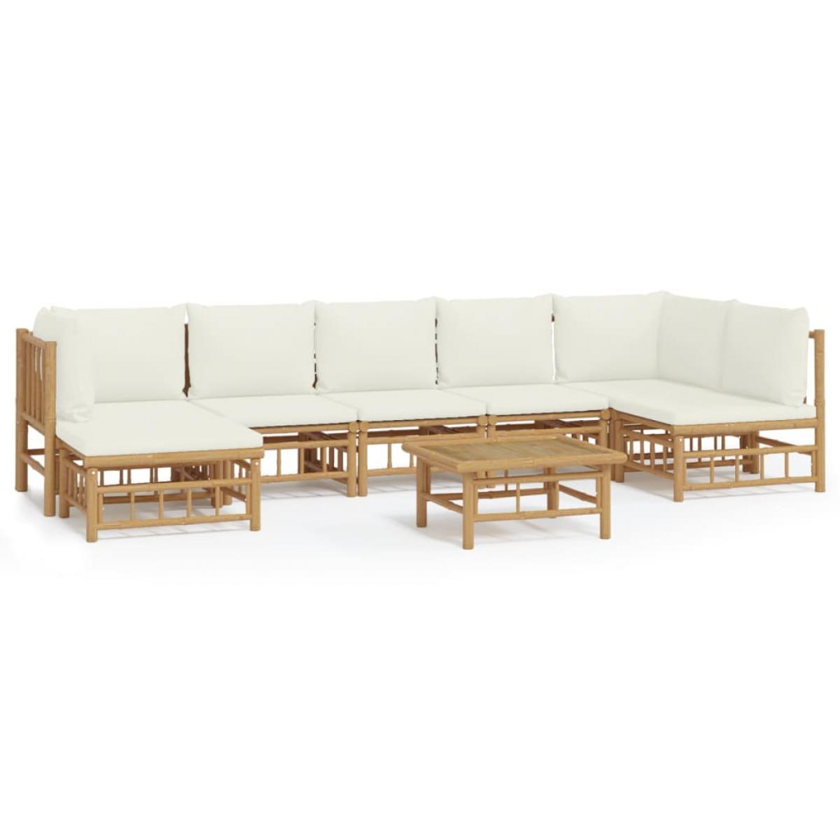 Set de muebles de jardín 8 piezas bambú y cojines blanco crema