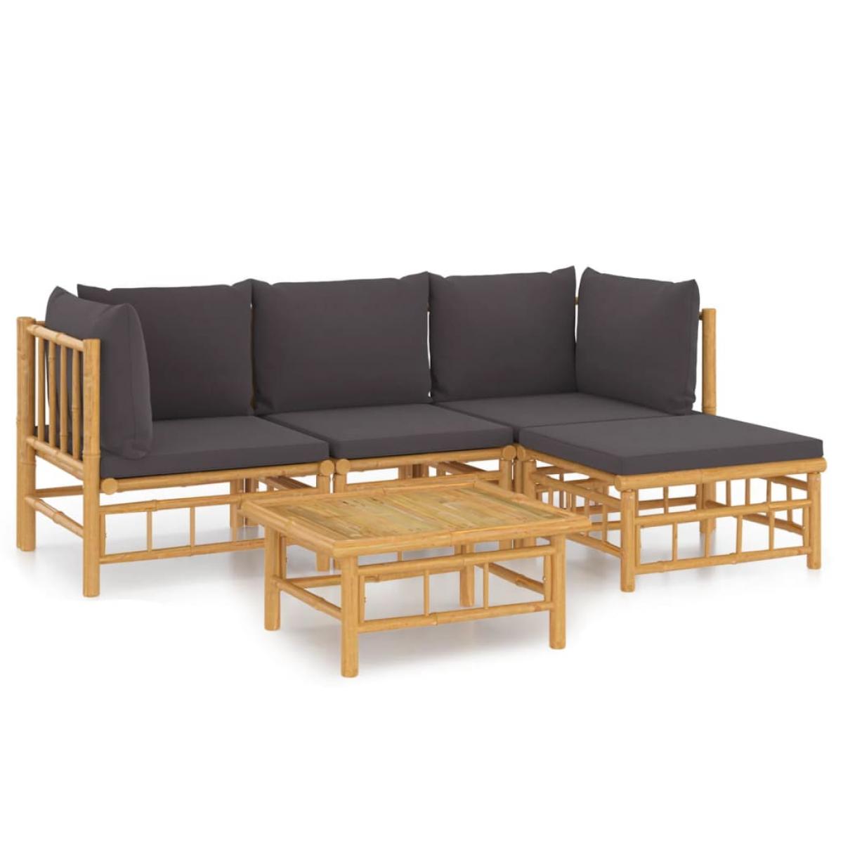 Set de muebles de jardín 5 piezas bambú con cojines gris oscuro