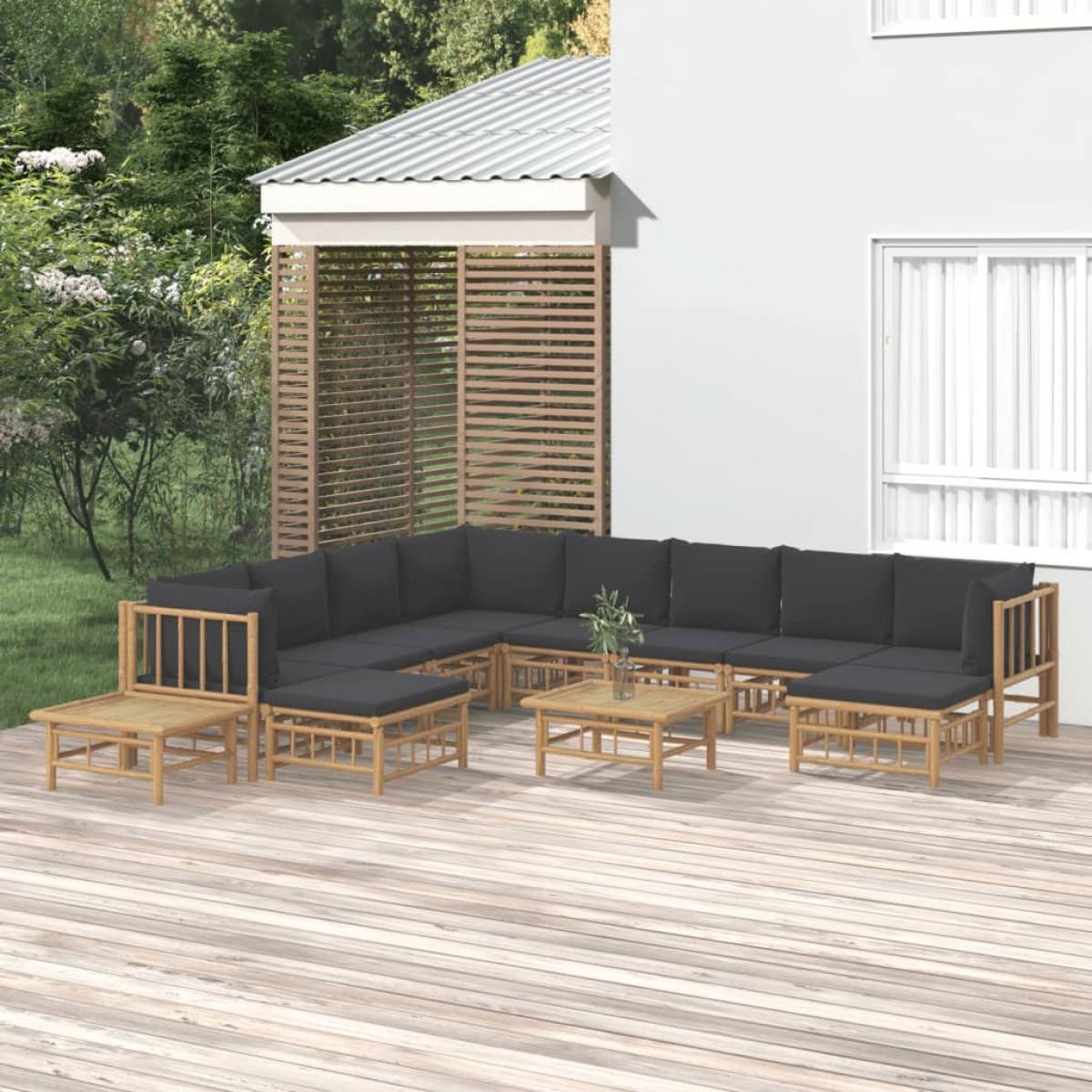 Set de muebles de jardín 12 pzas bambú con cojines gris oscuro