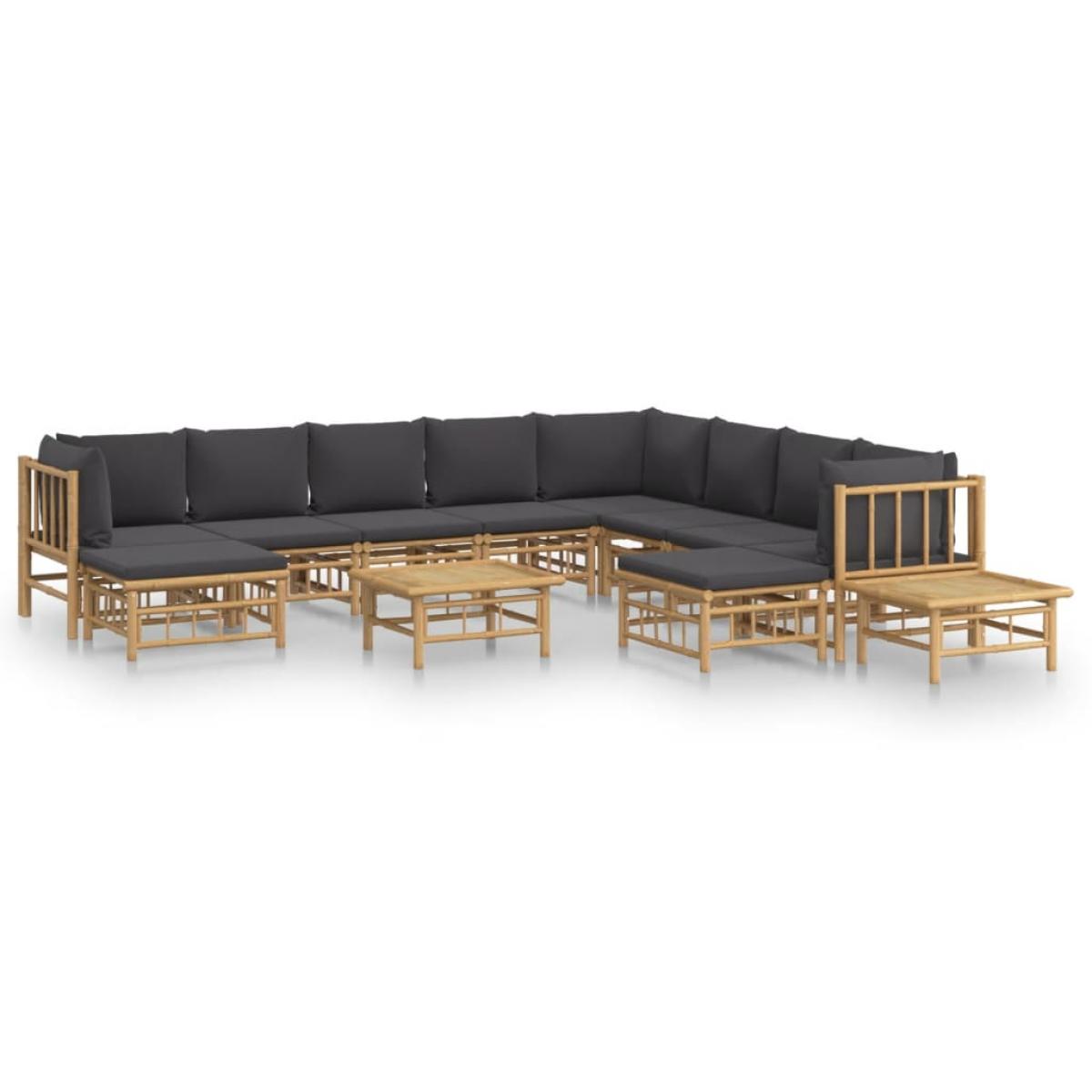 Set de muebles de jardín 12 pzas bambú con cojines gris oscuro
