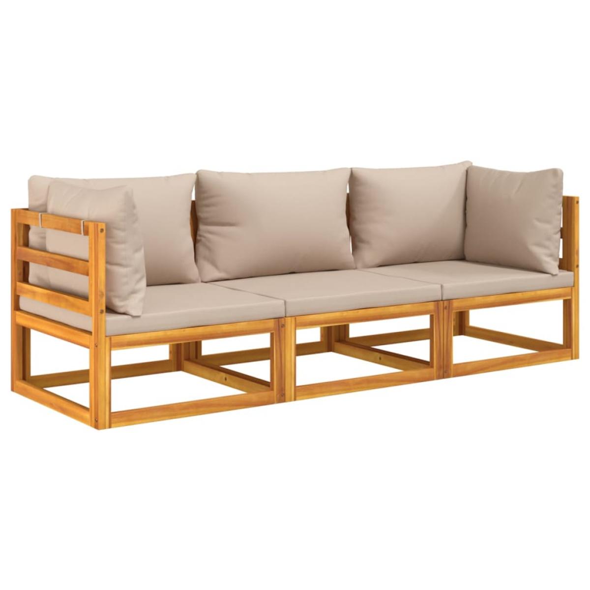 Set muebles de jardín 3 pzas madera maciza y cojines gris taupé