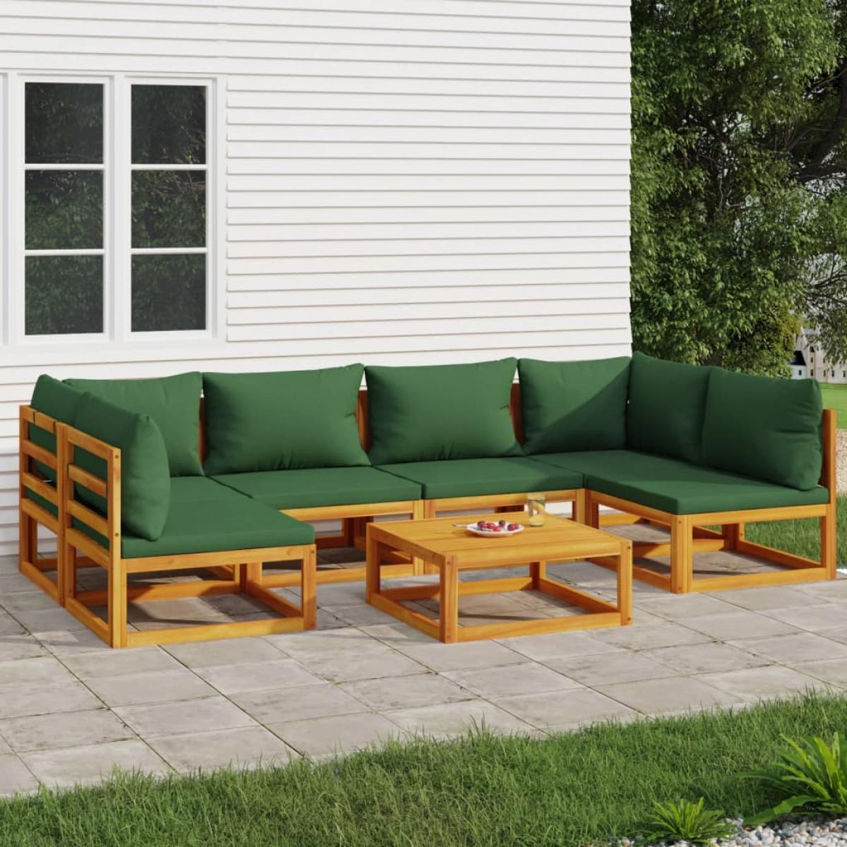 Juego muebles de jardín 7 piezas madera maciza y cojines verdes