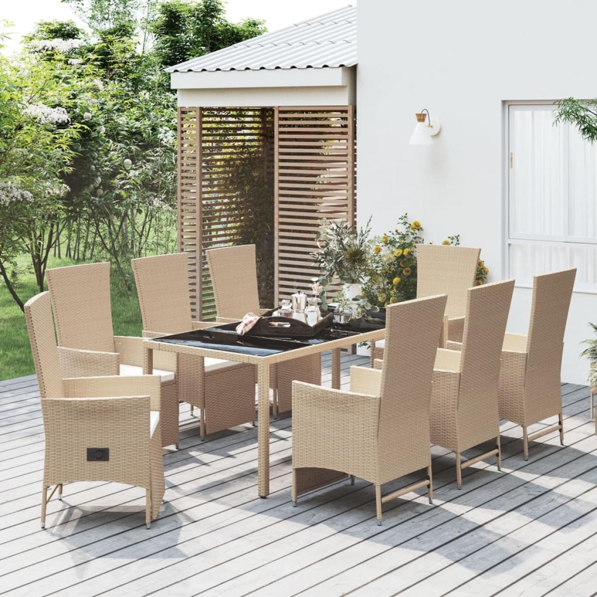 Set comedor de jardín 9 pzas con cojines ratán sintético beige