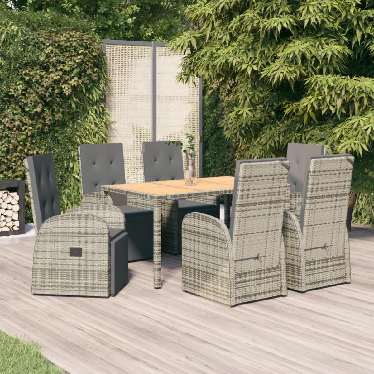 Set comedor jardín 7 pzas y cojines ratán sintético gris