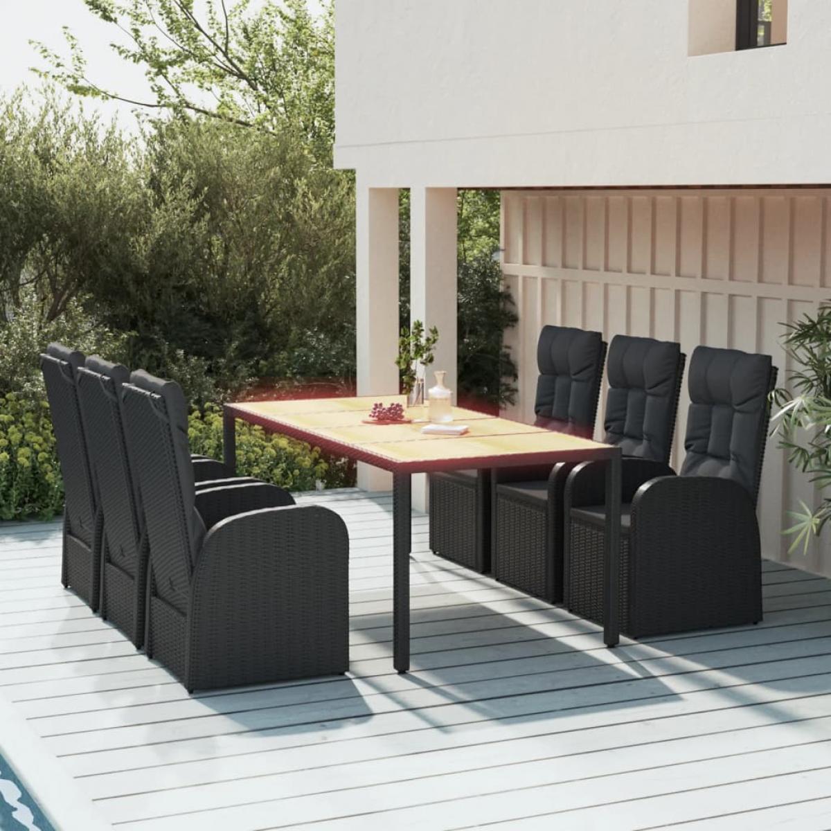 Set de comedor de jardín 7 pzas y cojines ratán sintético negro