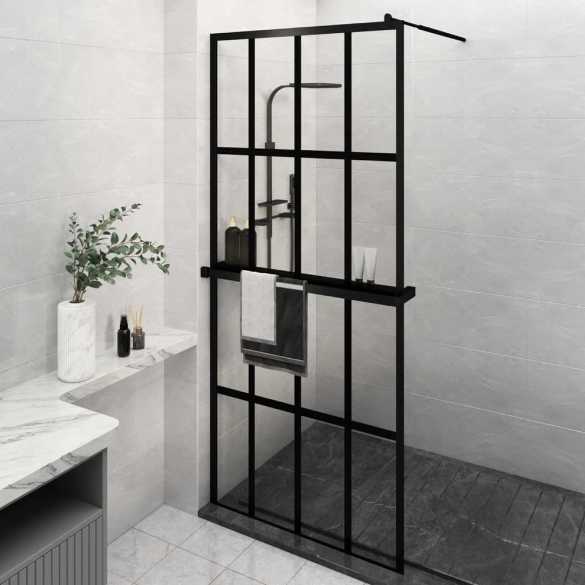 Mampara ducha con estante vidrio ESG y aluminio negro 90x195 cm