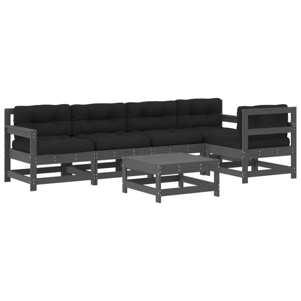 Juego de muebles de jardín 6 pzas y cojines madera maciza gris