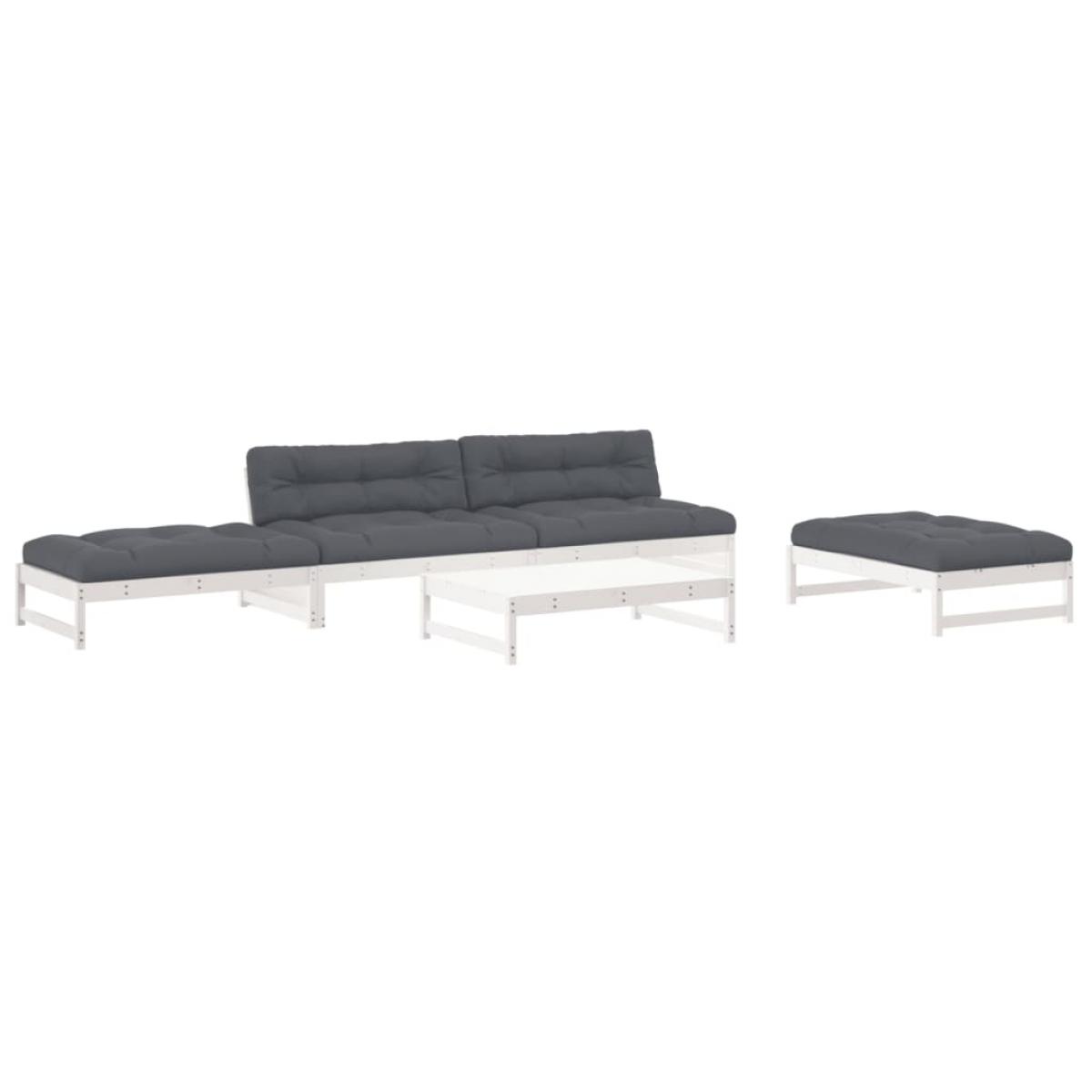 Juego de muebles jardín 6 piezas y cojines madera maciza blanco