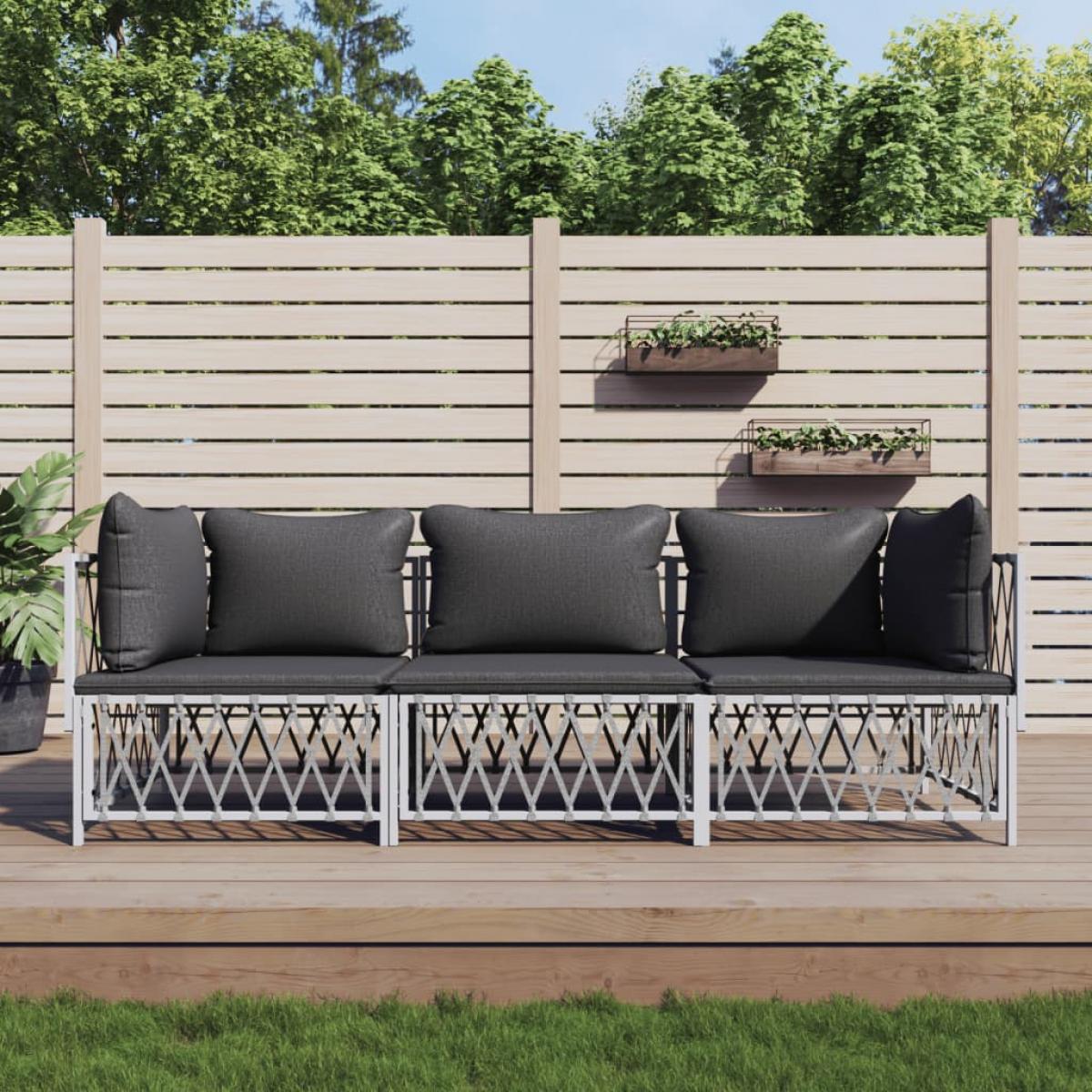 Juego de muebles de jardín 3 piezas con cojines acero blanco