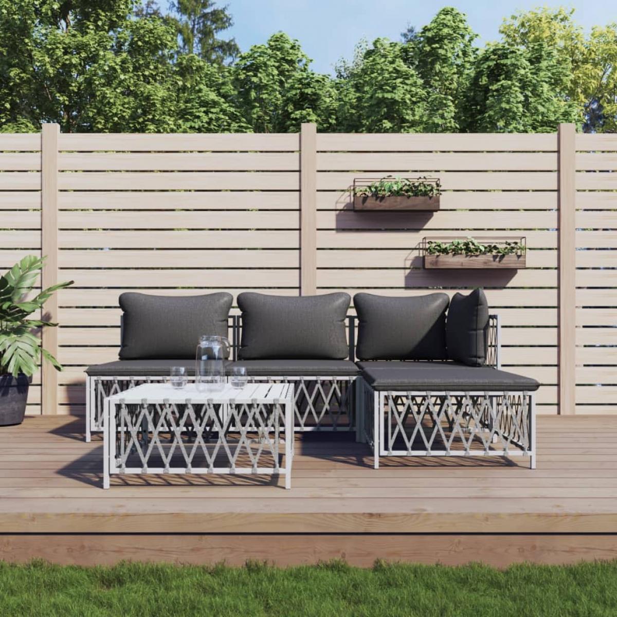 Juego de muebles de jardín 5 piezas y cojines acero blanco