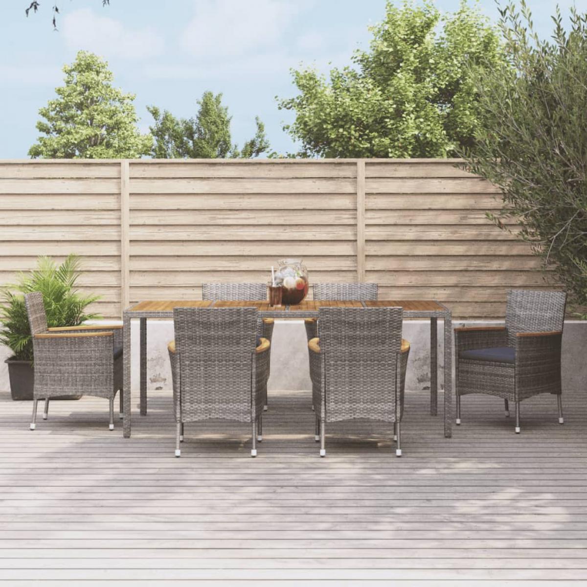 Set comedor jardín 7 pzas y cojines ratán sintético gris