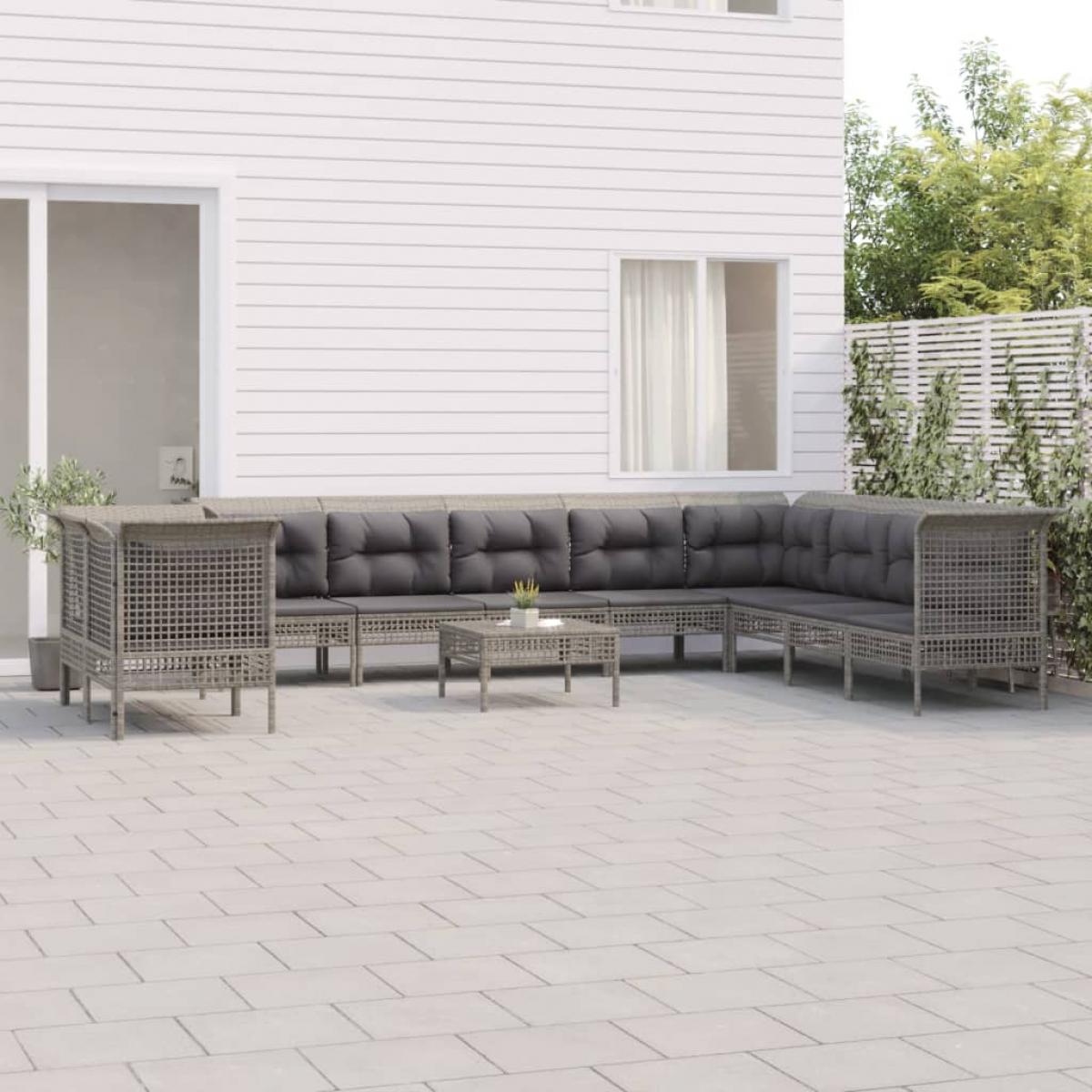Set de muebles de jardín 11 pzas y cojines ratán sintético gris