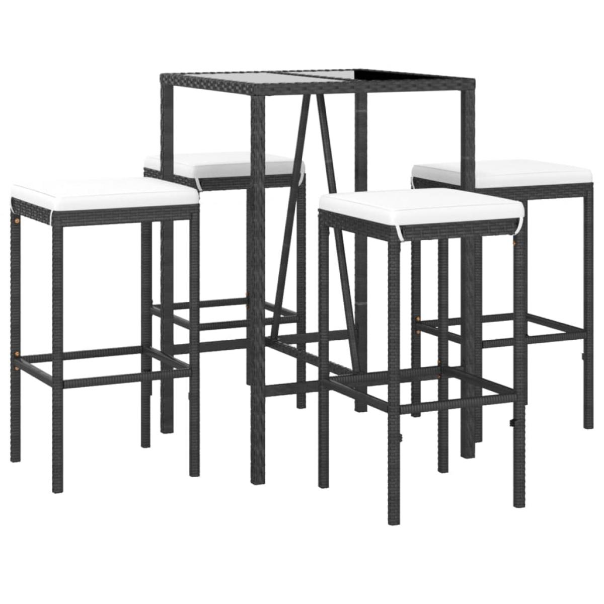 Mesa y taburetes altos jardín 5 pzas y cojines ratán PE negro