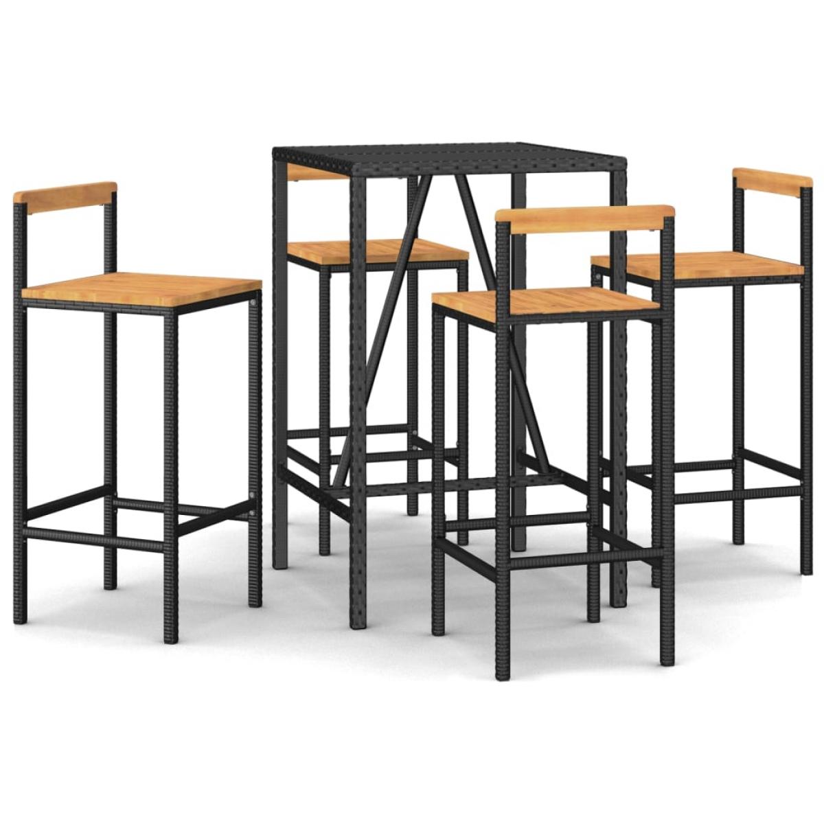 Mesa bar y taburetes jardín 5 pzas madera acacia ratán PE negro