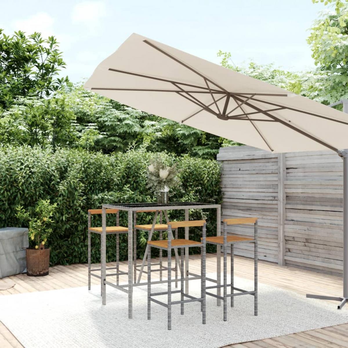 Mesa bar y taburetes jardín 5 pzas madera acacia ratán PE gris