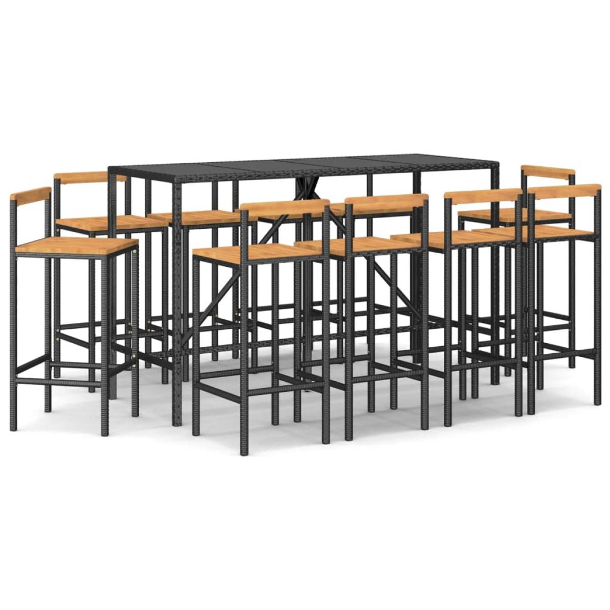 Mesa y taburetes altos jardín 11 pzas madera y ratán PE negro