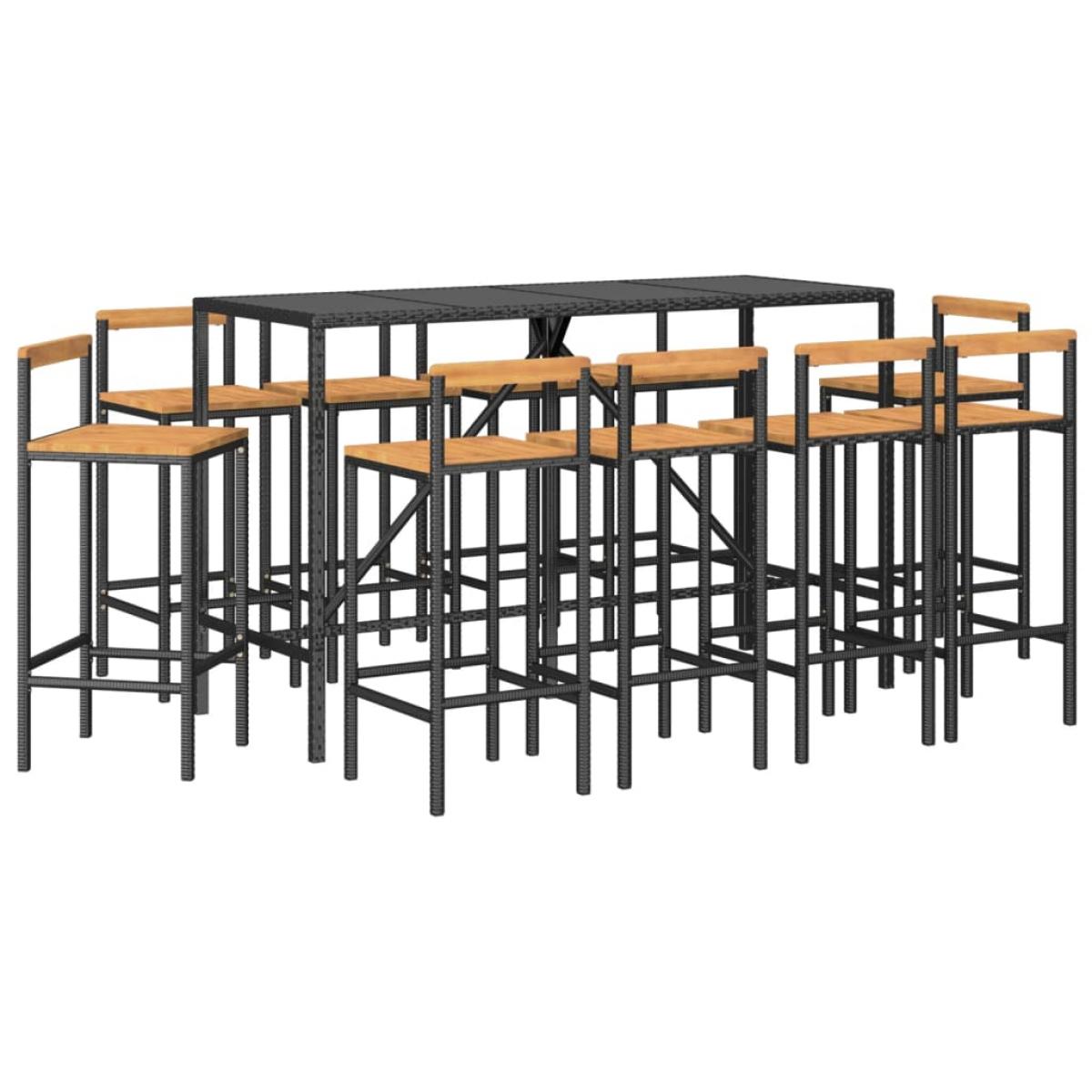 Mesa y taburetes altos jardín 11 pzas madera y ratán PE negro