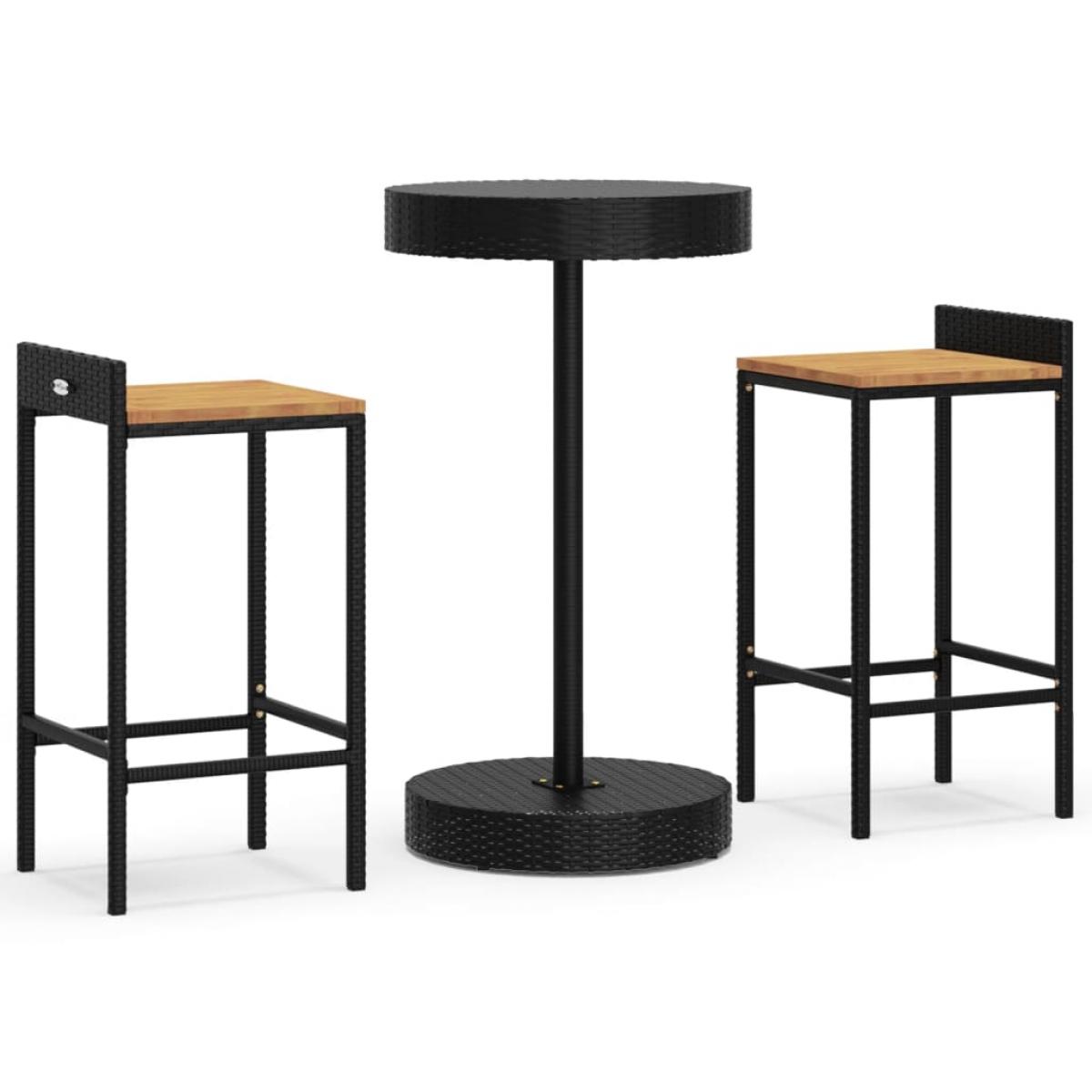 Mesa bar y taburetes jardín 3 pzas madera acacia ratán PE negro