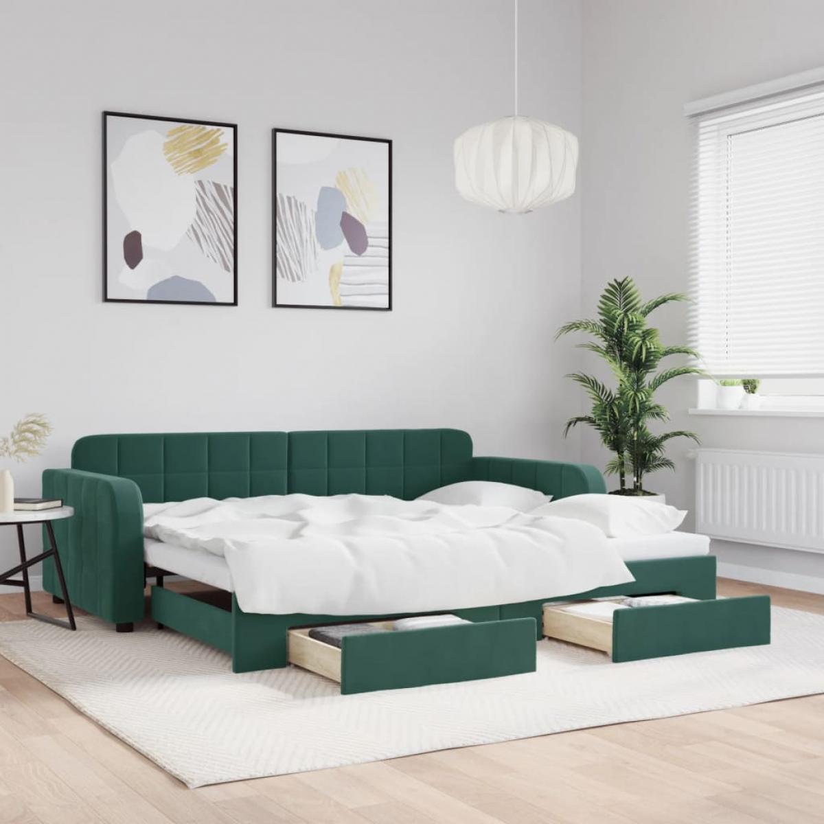 Sofá cama nido con cajones terciopelo verde oscuro 90x200 cm