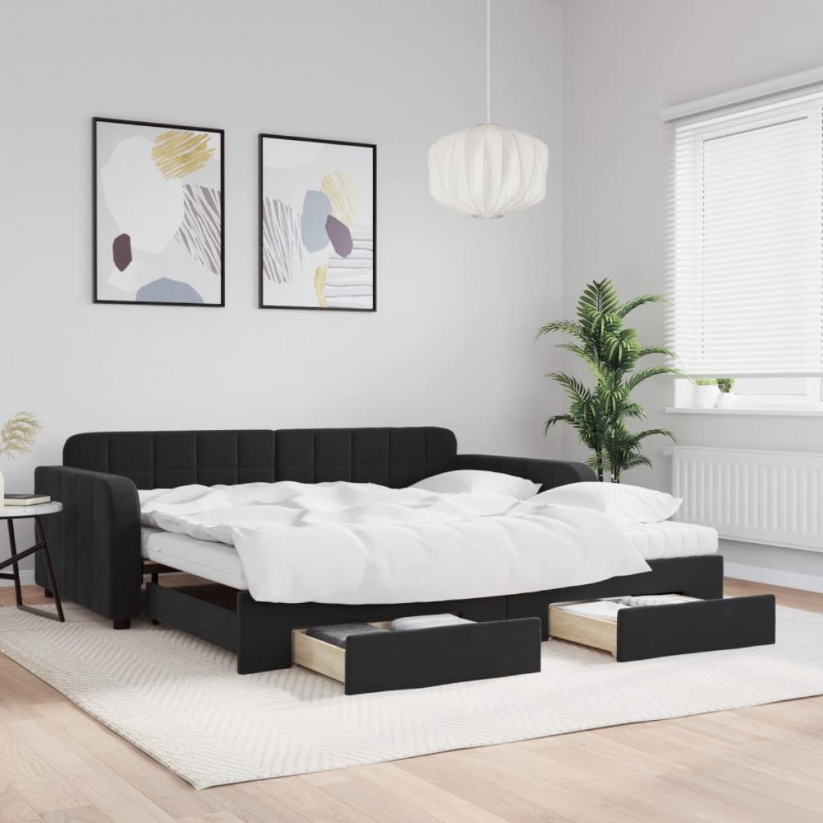 Sofá cama nido con cajones terciopelo negro 100x200 cm
