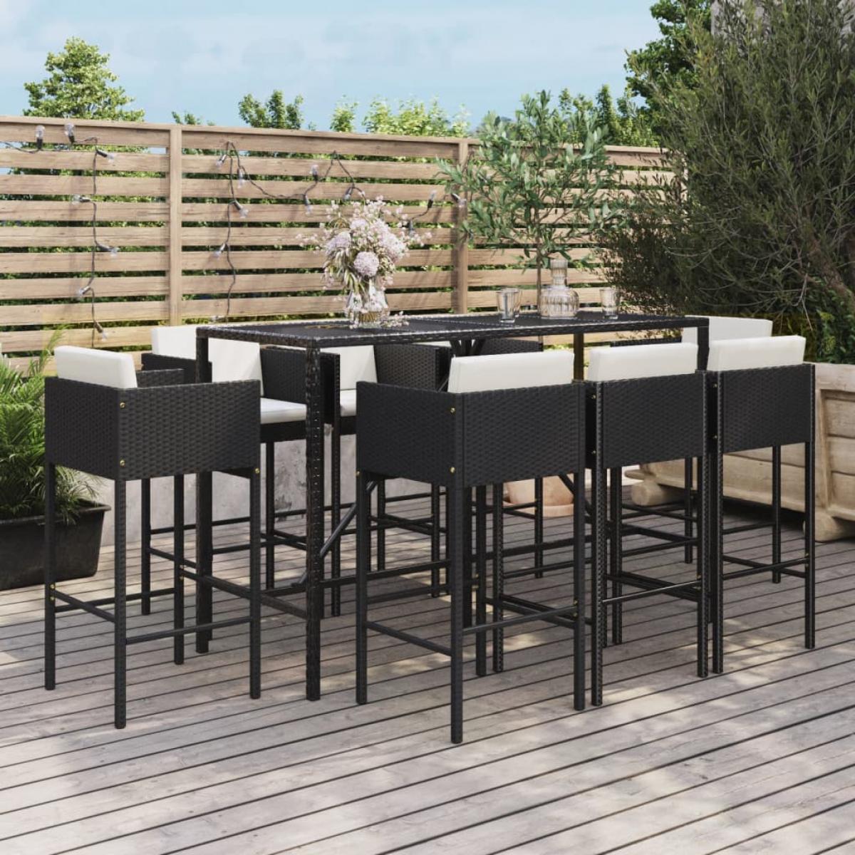 Mesa y taburetes altos jardín 9 piezas y cojines ratán PE negro