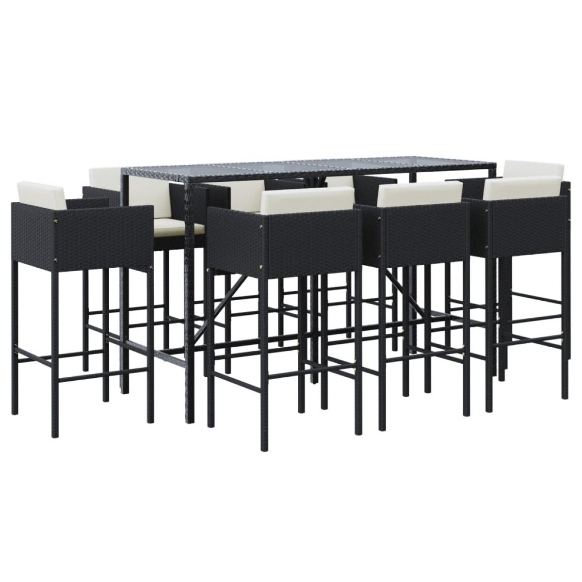 Mesa y taburetes altos jardín 9 piezas y cojines ratán PE negro