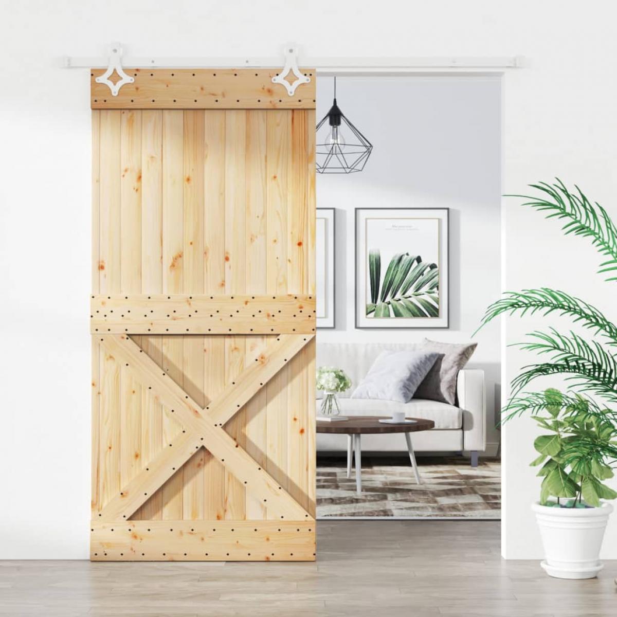 Puerta corredera con herrajes madera maciza de pino 95x210 cm