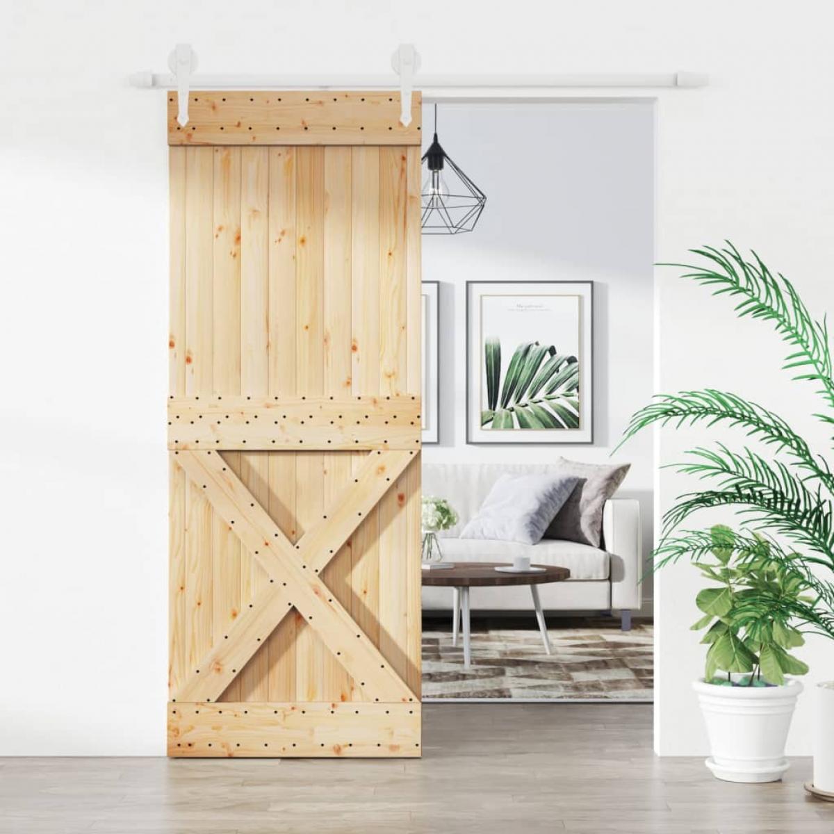 Puerta corredera con herrajes madera maciza de pino 80x210 cm