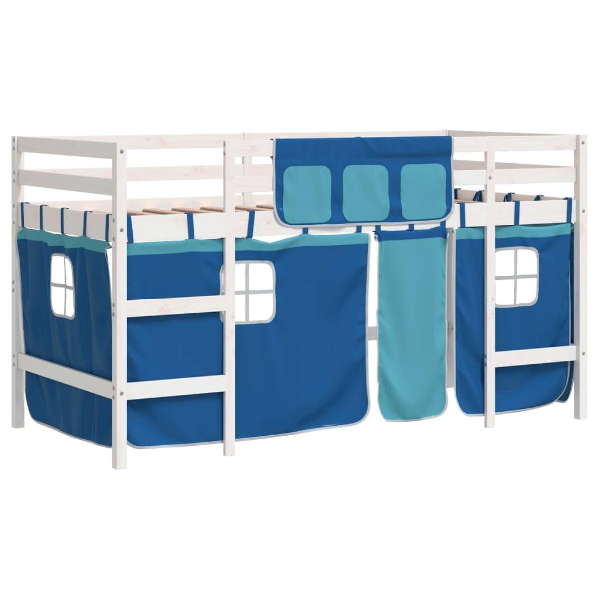 Cama alta para niños con cortinas madera pino azul 90x200 cm