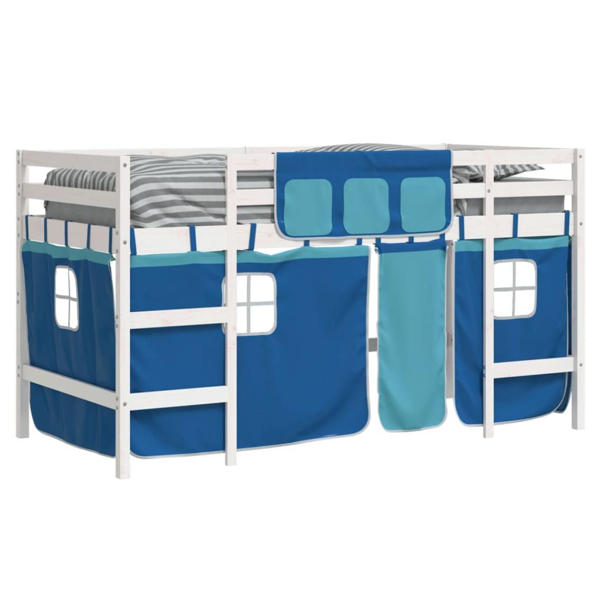 Cama alta para niños con cortinas madera pino azul 90x200 cm