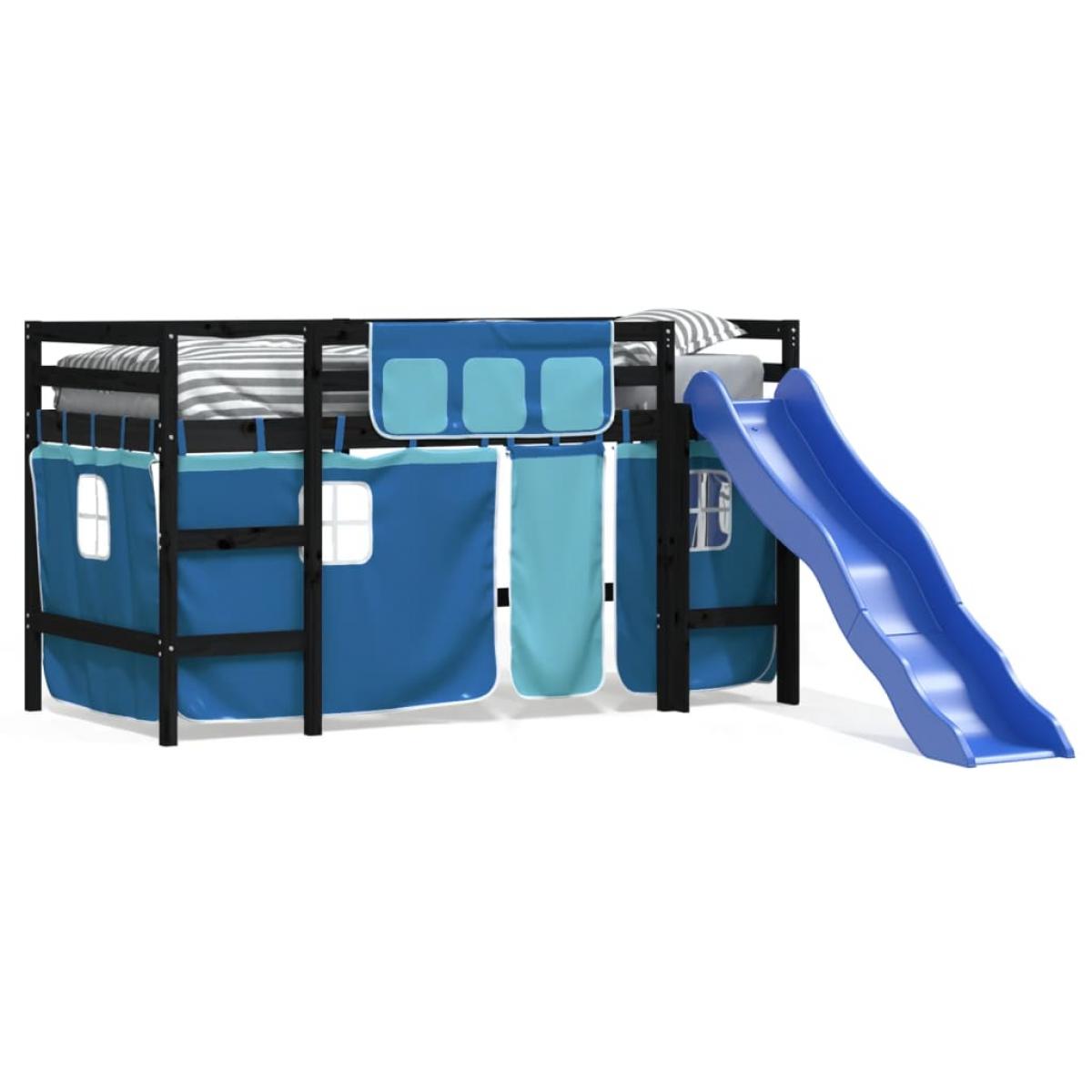 Cama alta para niños con cortinas madera pino azul 90x190 cm