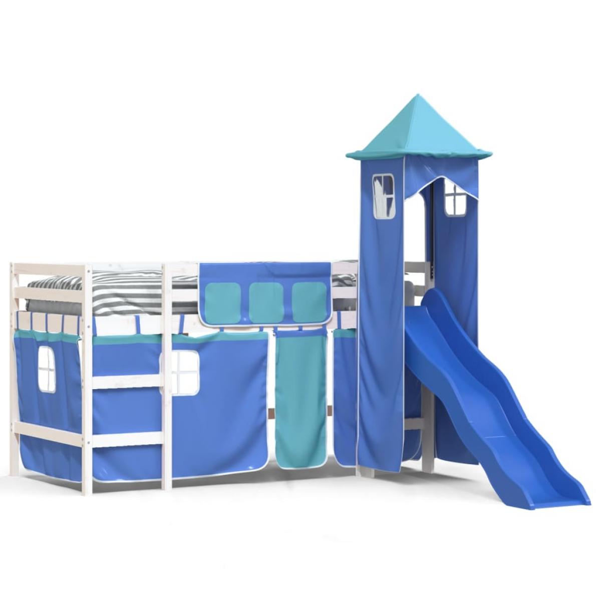Cama alta para niños con torre madera pino azul 90x200 cm