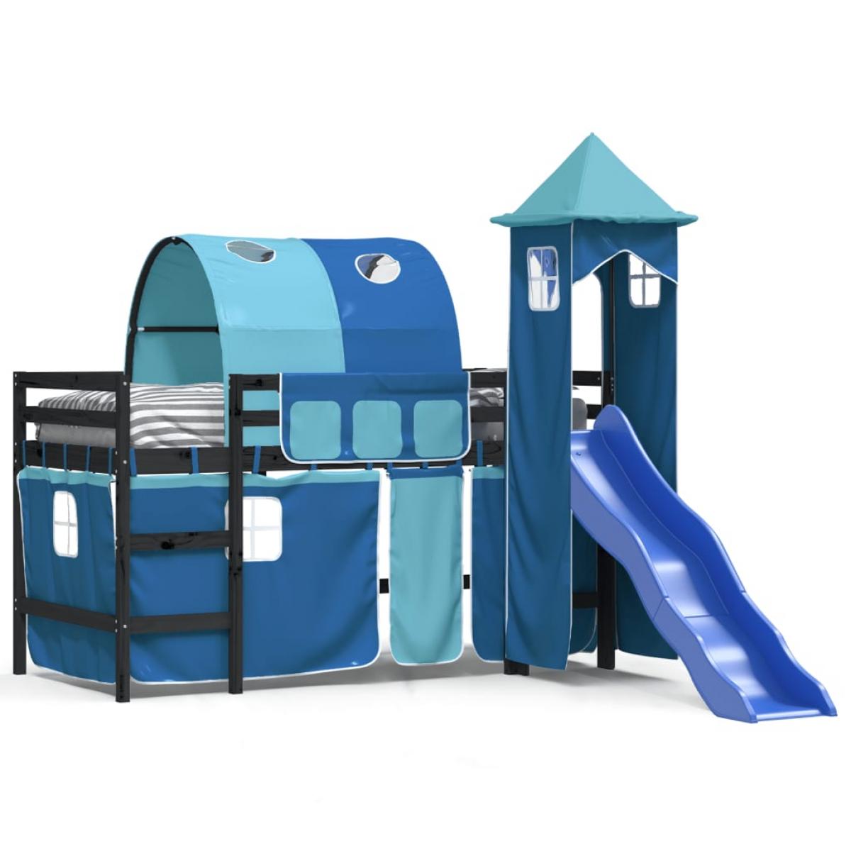 Cama alta para niños con torre madera pino azul 90x200 cm