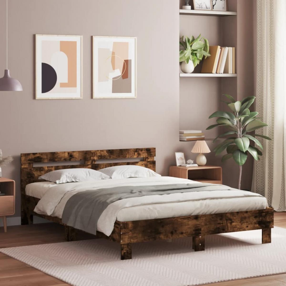 Estructura de cama cabecero y luces LED roble ahumado 140x200cm