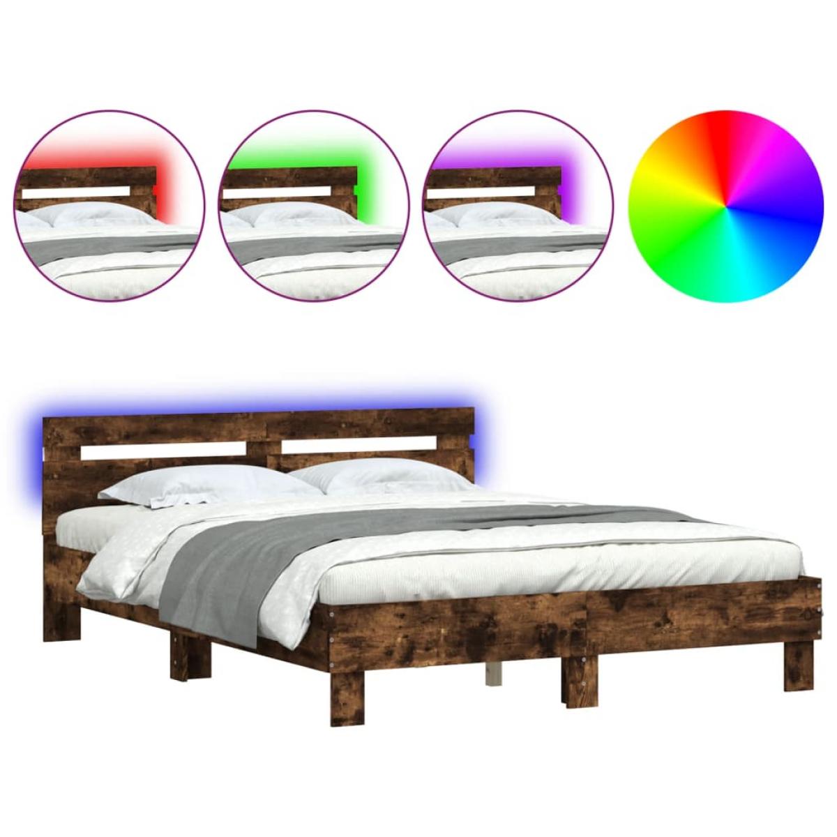 Estructura de cama cabecero y luces LED roble ahumado 140x200cm
