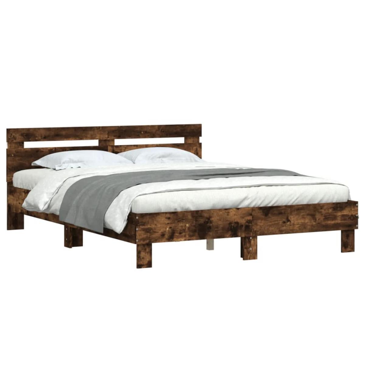 Estructura de cama cabecero y luces LED roble ahumado 140x200cm