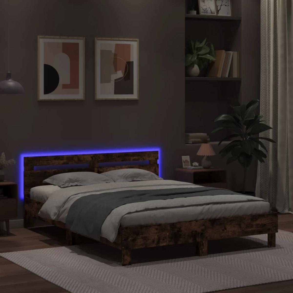 Estructura de cama cabecero y luces LED roble ahumado 140x200cm