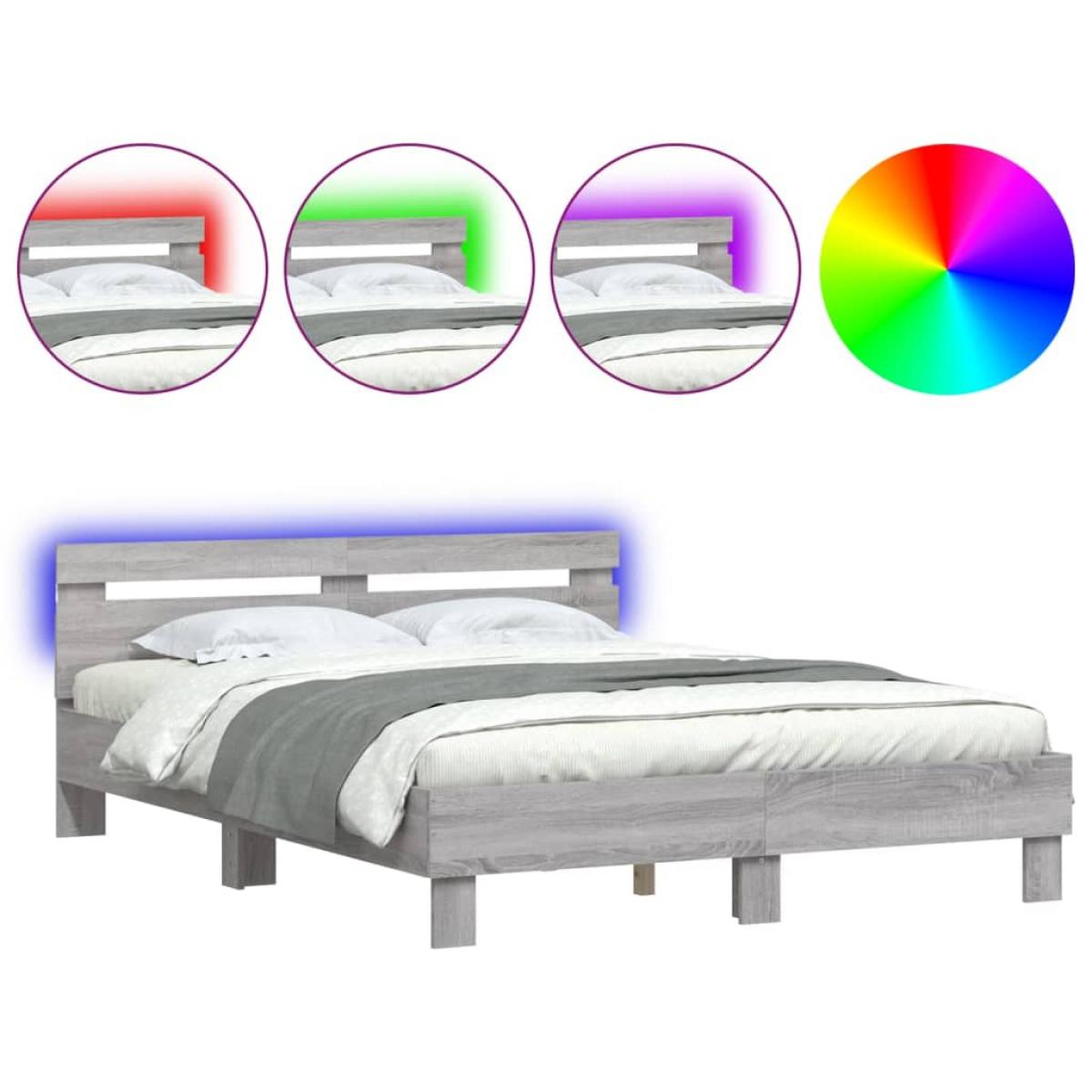 Estructura de cama cabecero y luces LED gris Sonoma 140x190 cm