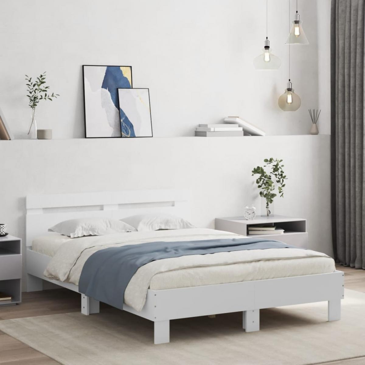 Estructura de cama con cabecero y luces LED blanco 135x190 cm