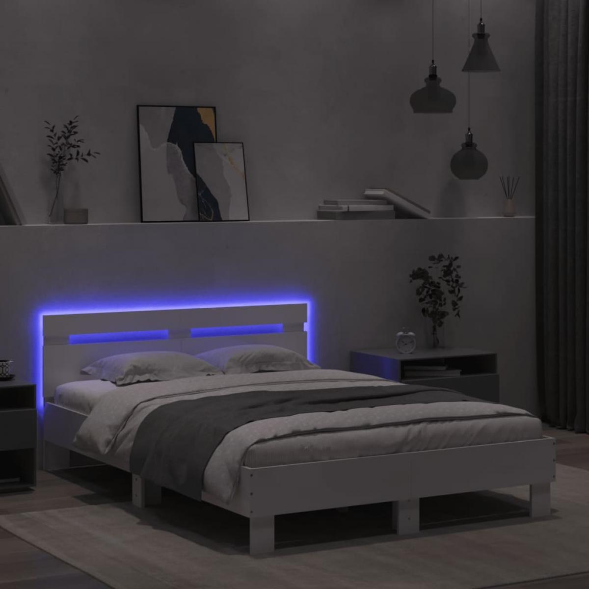 Estructura de cama con cabecero y luces LED blanco 135x190 cm