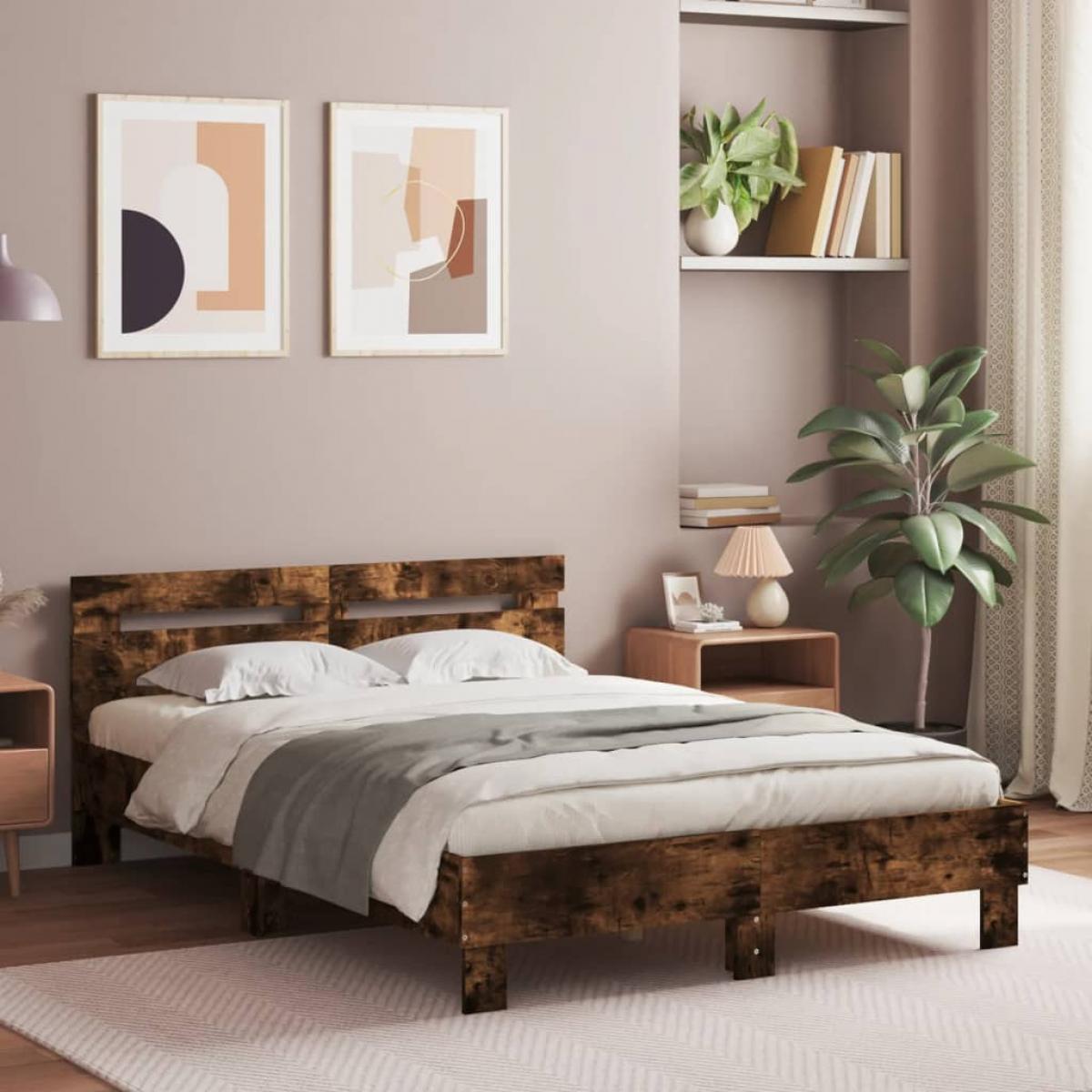 Estructura de cama cabecero y luces LED roble ahumado 135x190cm