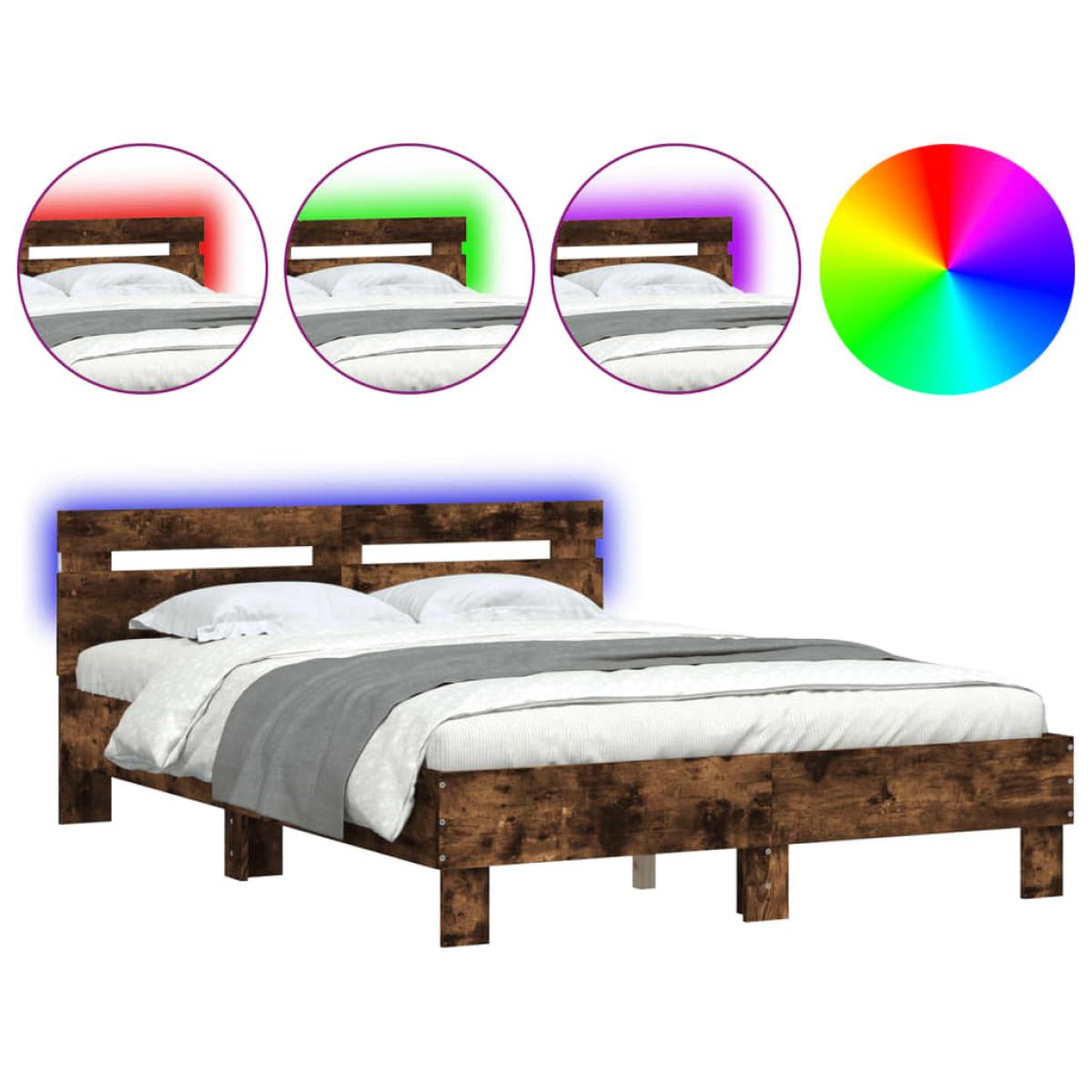 Estructura de cama cabecero y luces LED roble ahumado 135x190cm