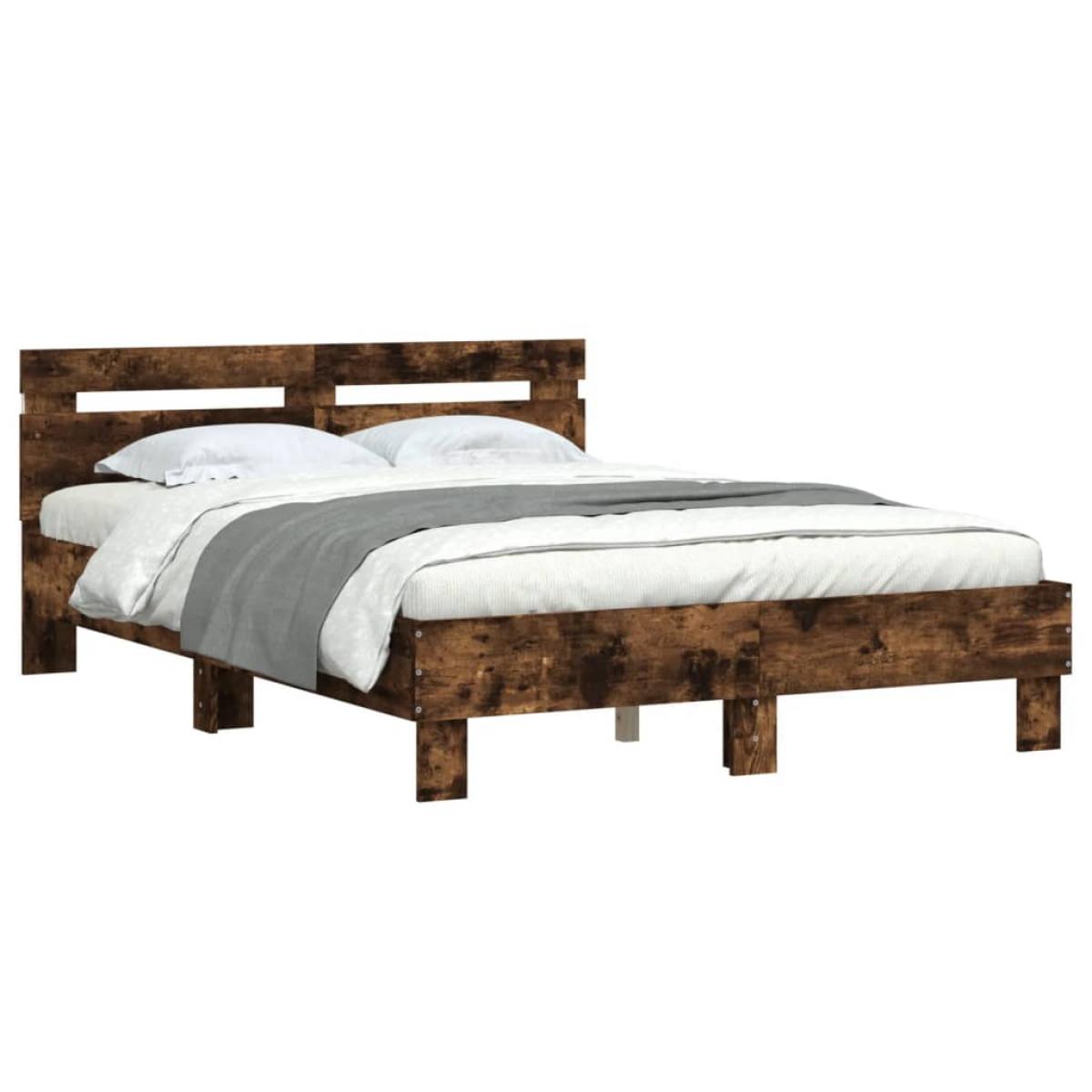 Estructura de cama cabecero y luces LED roble ahumado 135x190cm