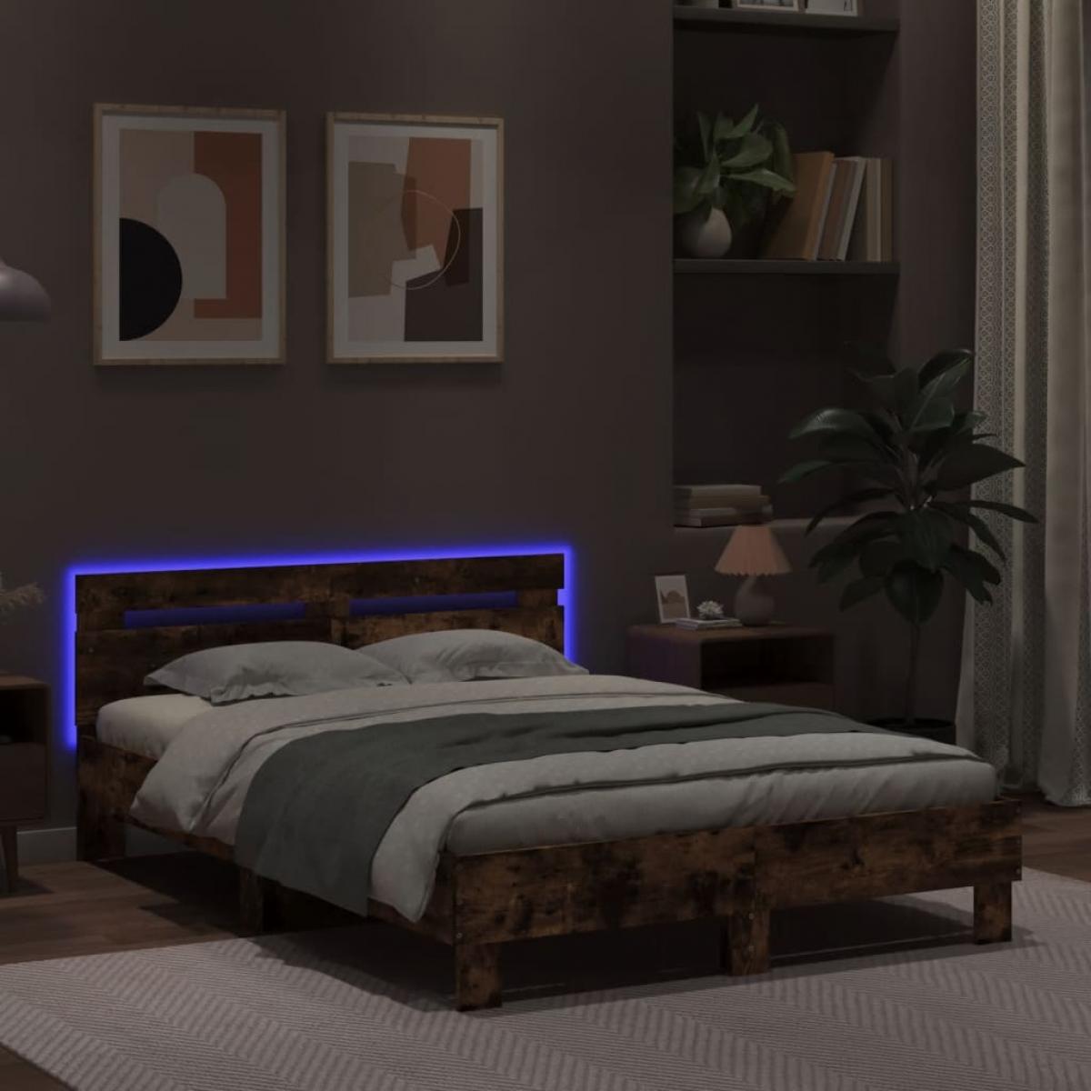 Estructura de cama cabecero y luces LED roble ahumado 135x190cm