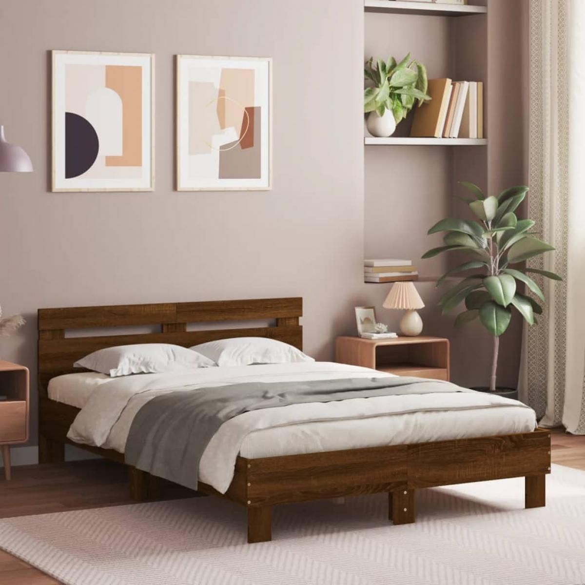 Estructura de cama cabecero y luces LED marrón roble 135x190 cm