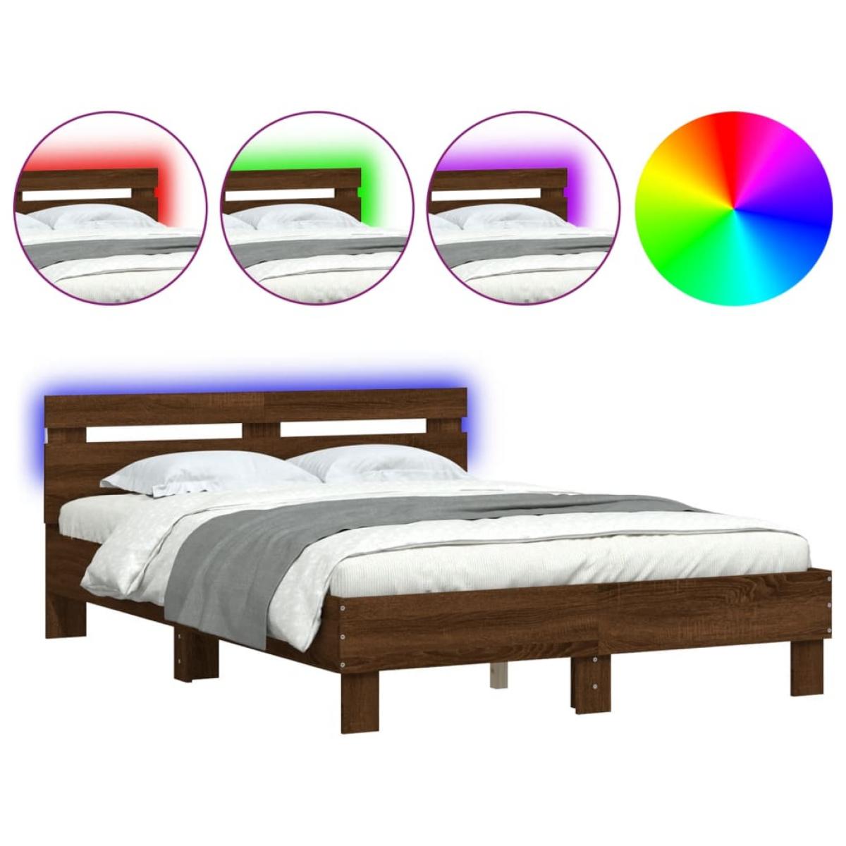 Estructura de cama cabecero y luces LED marrón roble 135x190 cm