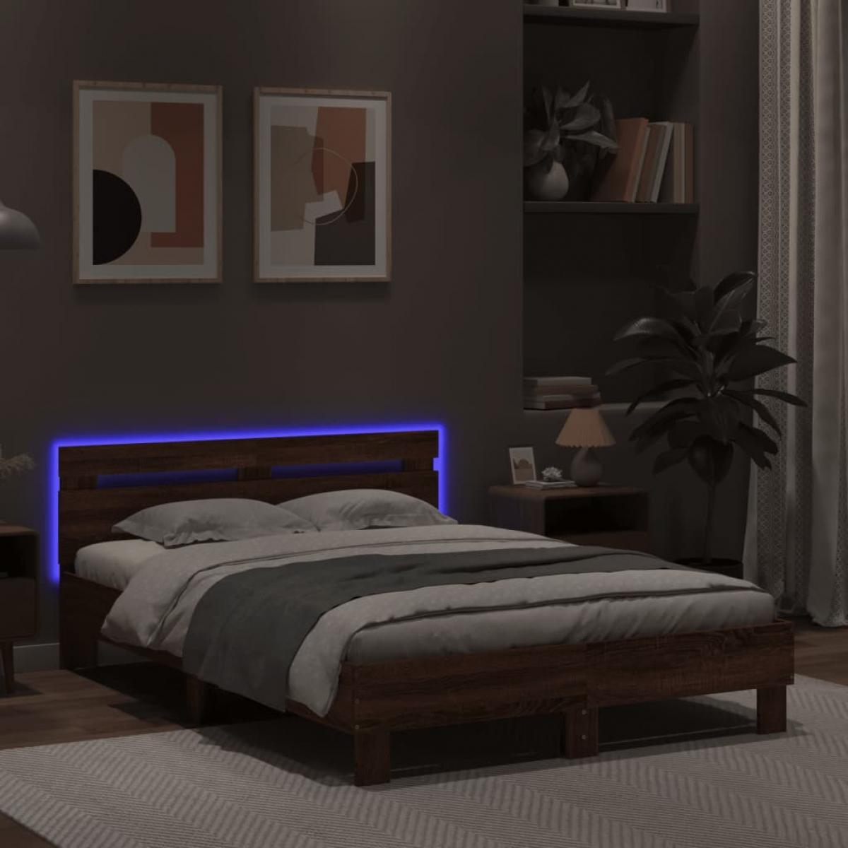 Estructura de cama cabecero y luces LED marrón roble 135x190 cm